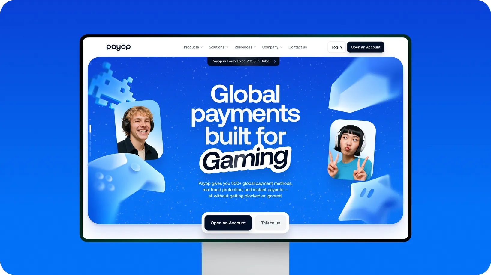 Payop website redesign shown on a desktop monitor: “Global payments built for Gaming”.